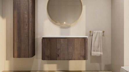 Rond hangend donker eiken badkamermeubel 100 cm met afgeronde hoeken, vlak front en wit marmer blad