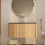 Rond hangend naturel eiken badkamermeubel 100 cm met afgeronde hoeken en granieten blad met witte waskom