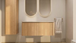 Rond hangend naturel eiken badkamermeubel 120 cm met afgeronde hoeken en mat beige blad met twee waskommen
