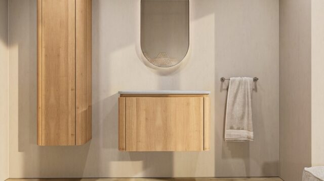 Rond hangend naturel eiken badkamermeubel 80 cm met afgeronde hoeken en mat grijs blad met witte waskom