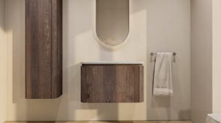 Rond hangend donker eiken badkamermeubel 80 cm met afgeronde hoeken, vlak front en grijs blad