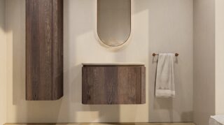 Rond hangend donker eiken badkamermeubel 80 cm met afgeronde hoeken en mat beige blad met witte waskom