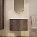 Rond hangend donker eiken badkamermeubel 80 cm met afgeronde hoeken en mat witte solid surface waskom