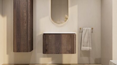 Rond hangend donker eiken badkamermeubel 80 cm met afgeronde hoeken en mat witte solid surface waskom