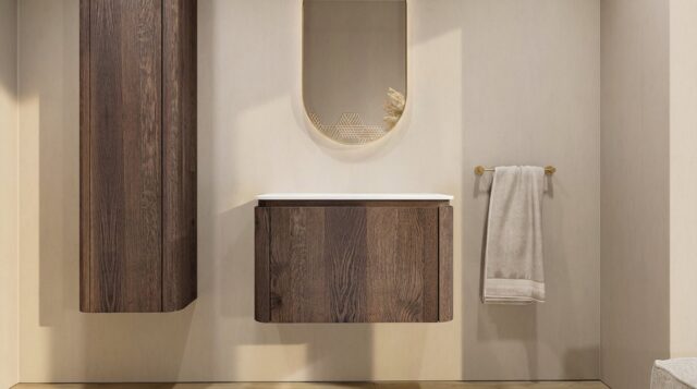 Rond hangend donker eiken badkamermeubel 80 cm met afgeronde hoeken en mat witte solid surface waskom