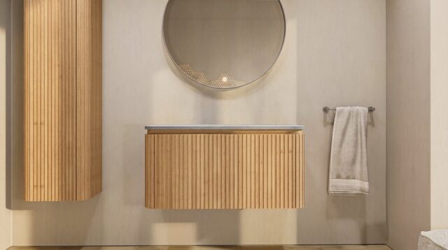 Rond hangend naturel eiken badkamermeubel 100 cm met afgeronde hoeken, groevenfront en grijs blad