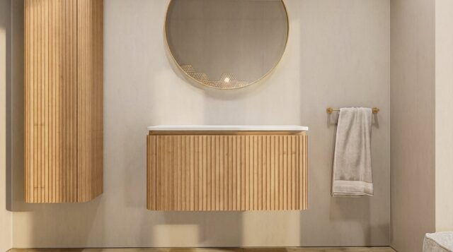 Rond hangend naturel eiken badkamermeubel 100 cm met afgeronde hoeken, groevenfront en mat beige blad