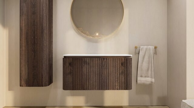 Rond hangend donker eiken badkamermeubel 100 cm met afgeronde hoeken, groevenfront en mat wit wastafelblad