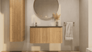 Rond hangend naturel eiken badkamermeubel 100 cm met afgeronde hoeken, groevenfront en granieten blad