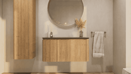 Rond hangend naturel eiken badkamermeubel 100 cm met afgeronde hoeken, groevenfront en granieten blad