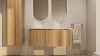 Rond hangend naturel eiken badkamermeubel 120 cm met groevenfront en witte solid surface waskom met twee waskommen