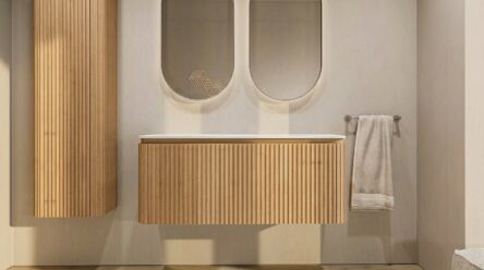 Rond hangend naturel eiken badkamermeubel 120 cm met groevenfront en witte solid surface waskom met twee waskommen