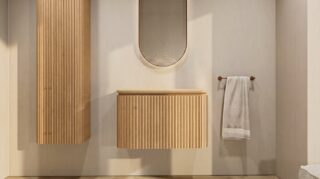 Rond hangend naturel eiken badkamermeubel 80 cm met afgeronde hoeken, groevenfront en eiken wastafelblad