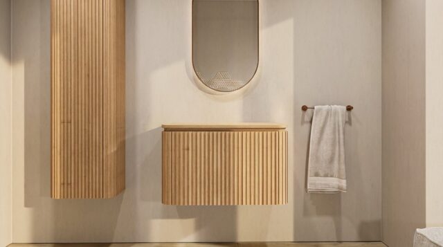 Rond hangend naturel eiken badkamermeubel 80 cm met afgeronde hoeken, groevenfront en eiken wastafelblad