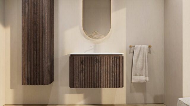 Rond hangend donker eiken badkamermeubel 80 cm met afgeronde hoeken, groevenfront en mat wit wastafelblad