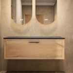 Hangend donker eiken wastafelmeubel 120 cm met enkele lade, vlak front en solid surface blad met 2 waskommen