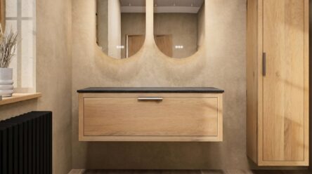 Hangend donker eiken wastafelmeubel 120 cm met enkele lade, vlak front en solid surface blad met 2 waskommen