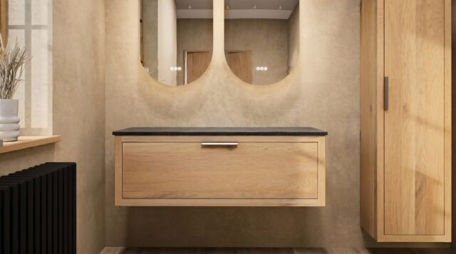 Hangend donker eiken wastafelmeubel 120 cm met enkele lade, vlak front en solid surface blad met 2 waskommen