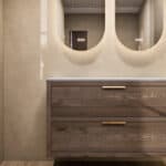 Massief naturel eiken badkamermeubel 120 cm met dubbele lade, vlak front en grijs limestone blad met 2 waskommen