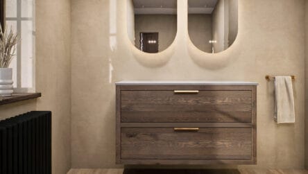 Massief naturel eiken badkamermeubel 120 cm met dubbele lade, vlak front en grijs limestone blad met 2 waskommen