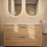Hangend donker eiken badkamermeubel 120 cm met twee lades en grijs limestone blad