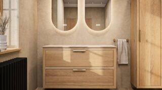 Hangend donker eiken badkamermeubel 120 cm met twee lades en grijs limestone blad