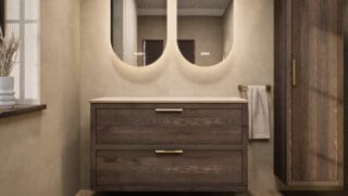 Hangend naturel eiken wastafelmeubel 120 cm met dubbele lade en limestone blad met twee witte waskommen