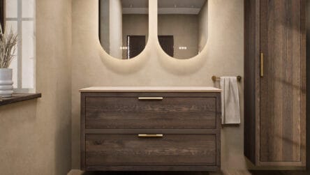 Hangend naturel eiken wastafelmeubel 120 cm met dubbele lade en limestone blad met twee witte waskommen