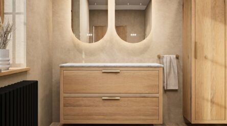 Hangend donker eiken wastafelmeubel 120 cm met dubbele lade en limestone blad met twee witte waskommen