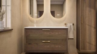 Modern naturel eiken wastafelmeubel 120 cm met dubbele lade en solid surface met twee waskommen
