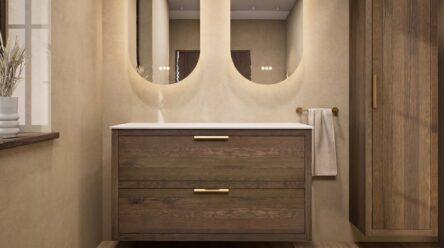 Modern naturel eiken wastafelmeubel 120 cm met dubbele lade en solid surface met twee waskommen