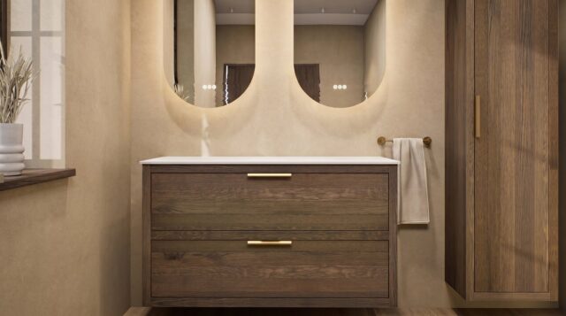 Modern naturel eiken wastafelmeubel 120 cm met dubbele lade en solid surface met twee waskommen