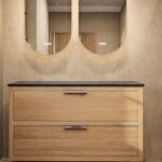 Hangend donker eiken wastafelmeubel 120 cm met dubbele lade, vlak front en solid surface blad met 2 waskommen