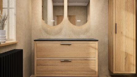 Hangend donker eiken wastafelmeubel 120 cm met dubbele lade, vlak front en solid surface blad met 2 waskommen