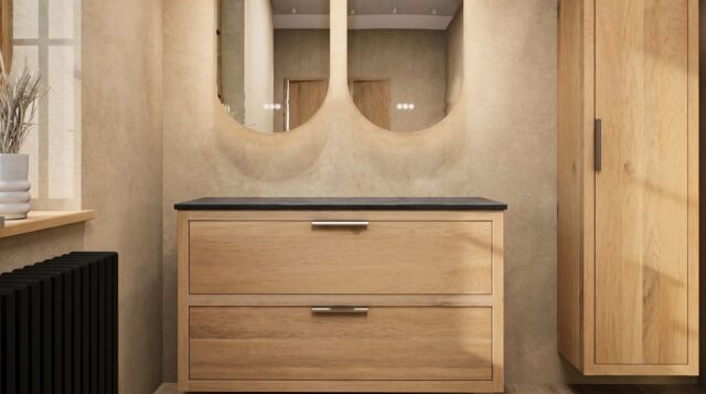 Hangend donker eiken wastafelmeubel 120 cm met dubbele lade, vlak front en solid surface blad met 2 waskommen