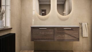 Modern naturel eiken badkamermeubel 140 cm met enkele lade, vlak front en grijs limestone blad met witte waskom