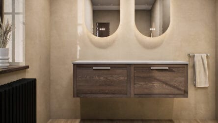 Modern naturel eiken badkamermeubel 140 cm met enkele lade, vlak front en grijs limestone blad met witte waskom