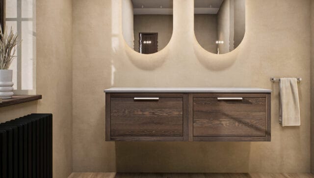Modern naturel eiken badkamermeubel 140 cm met enkele lade, vlak front en grijs limestone blad met witte waskom