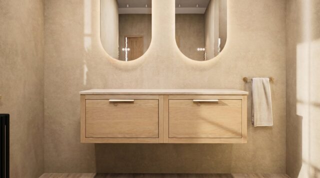 Hangend donker eiken badkamermeubel 140 cm met één lade en grijs limestone blad