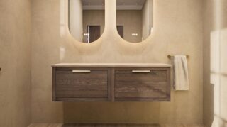 Hangend naturel eiken badkamermeubel 140 cm met enkele lade en limestone blad met witte waskom