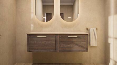 Hangend naturel eiken badkamermeubel 140 cm met enkele lade en limestone blad met witte waskom