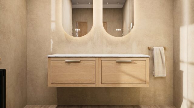 Hangend donker eiken badkamermeubel 140 cm met enkele lade en limestone blad met witte waskom