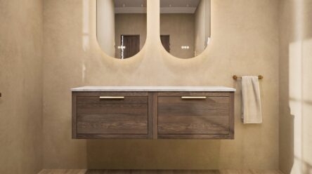 Hangend modern eiken badkamermeubel 140 cm met één lade en marmer blad met twee keramische waskommen