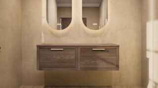 Modern naturel eiken badkamermeubel 140 cm met enkele lade, vlak front en massief eiken blad met witte waskom