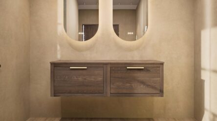 Modern naturel eiken badkamermeubel 140 cm met enkele lade, vlak front en massief eiken blad met witte waskom