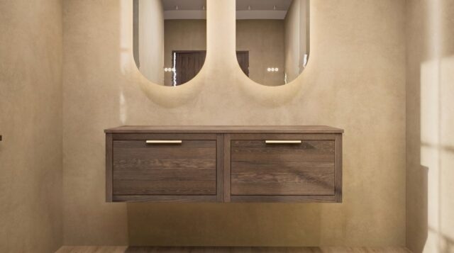 Modern naturel eiken badkamermeubel 140 cm met enkele lade, vlak front en massief eiken blad met witte waskom