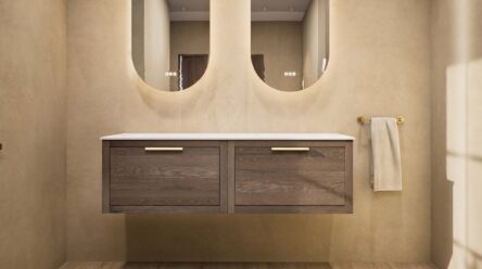 Naturel eiken badkamermeubel 140 cm met vlak front, solid surface blad en twee ronde witte waskommen