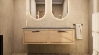 Hangend donker eiken wastafelmeubel 140 cm met enkele lade en solid surface blad met waskom