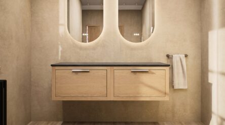 Hangend donker eiken wastafelmeubel 140 cm met enkele lade en solid surface blad met waskom