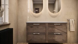 Modern naturel eiken badkamermeubel 140 cm met dubbele lade, vlak front en grijs limestone blad met witte waskom